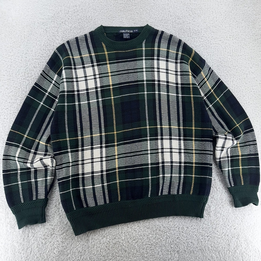 Vtg Nautica‎ Knit Plaid Sweater Mens Medium Green Crewneck 100% Cotton Hong Kong